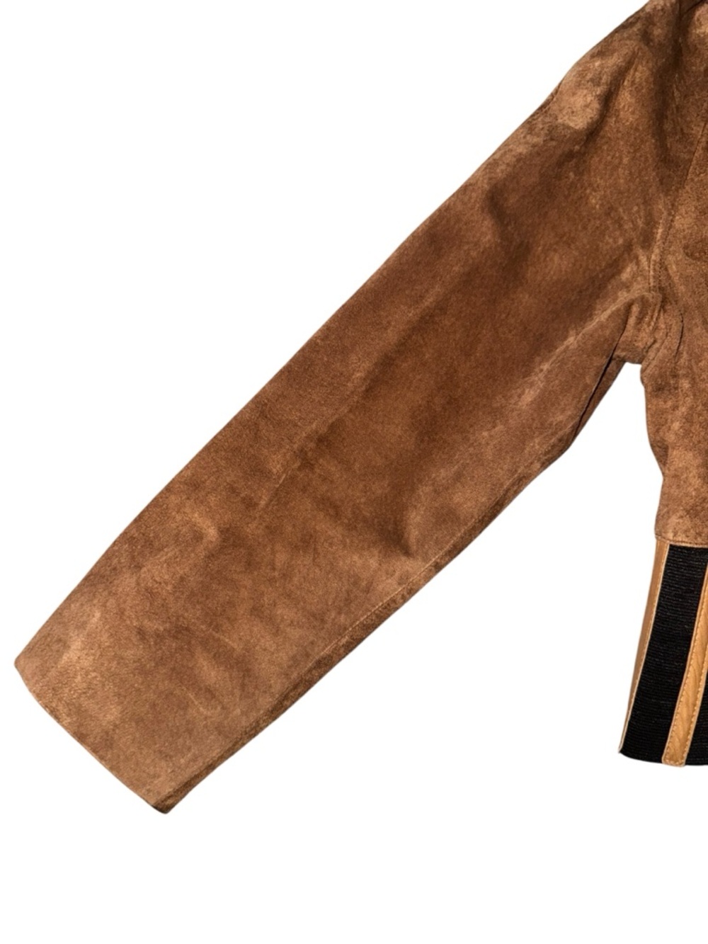Cognac Suede Bomber Jacket with Striped Elastic Waist - Picture 8 of 11